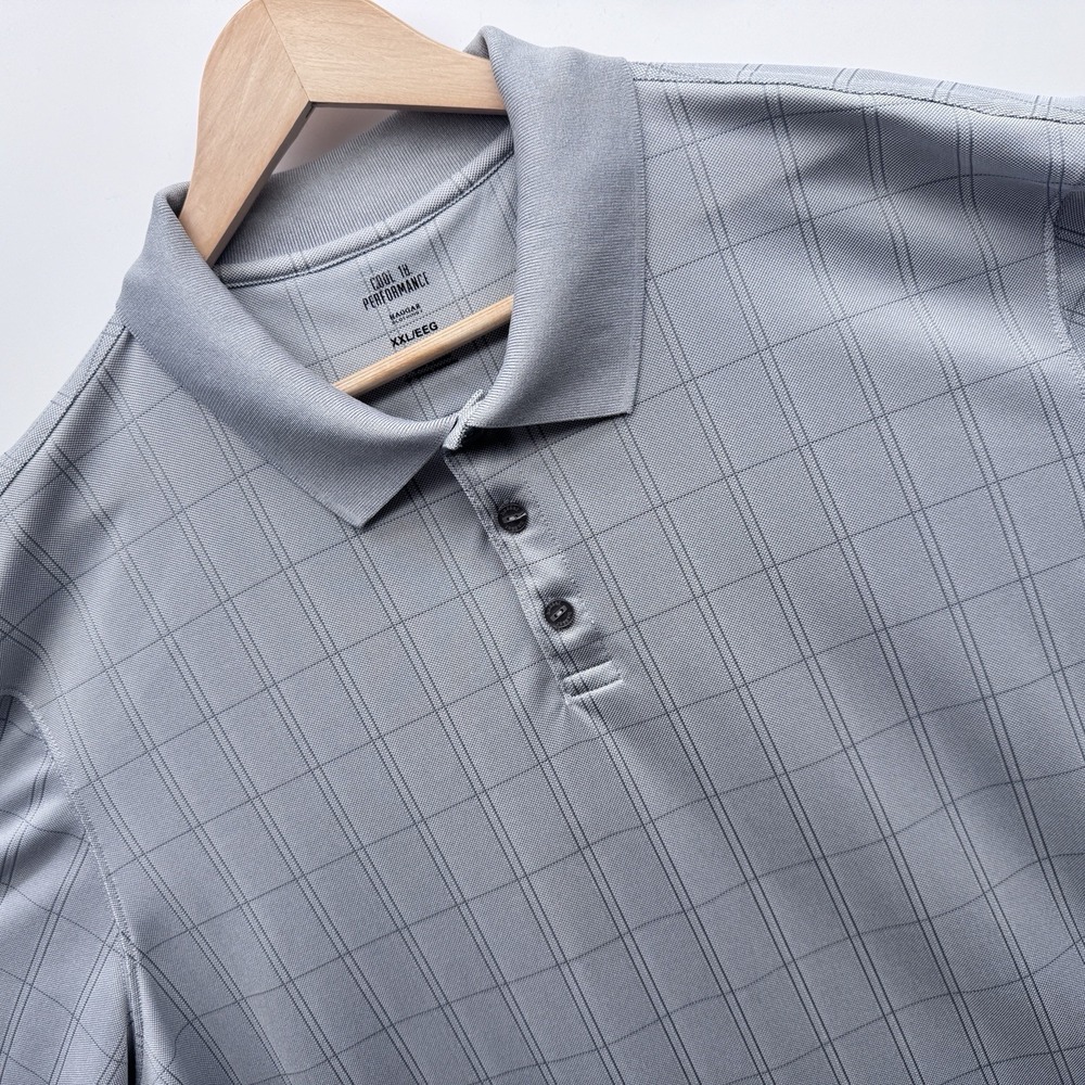 Haggar Cool 18 Performance Polo Shirt Mens XXL Gray Plaid Windowpane Golf Polo